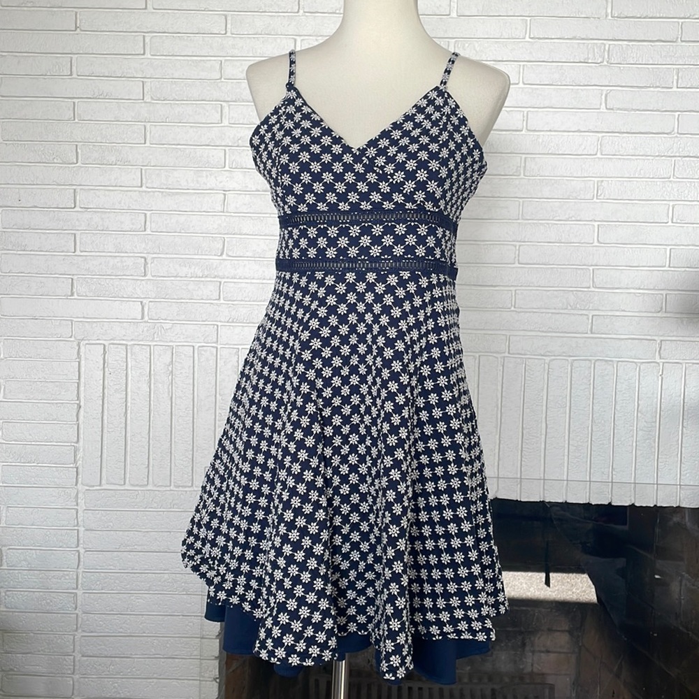 Trixxi Eyelet Skater Navy Mini Dress with Thin Straps and White Flower Detail